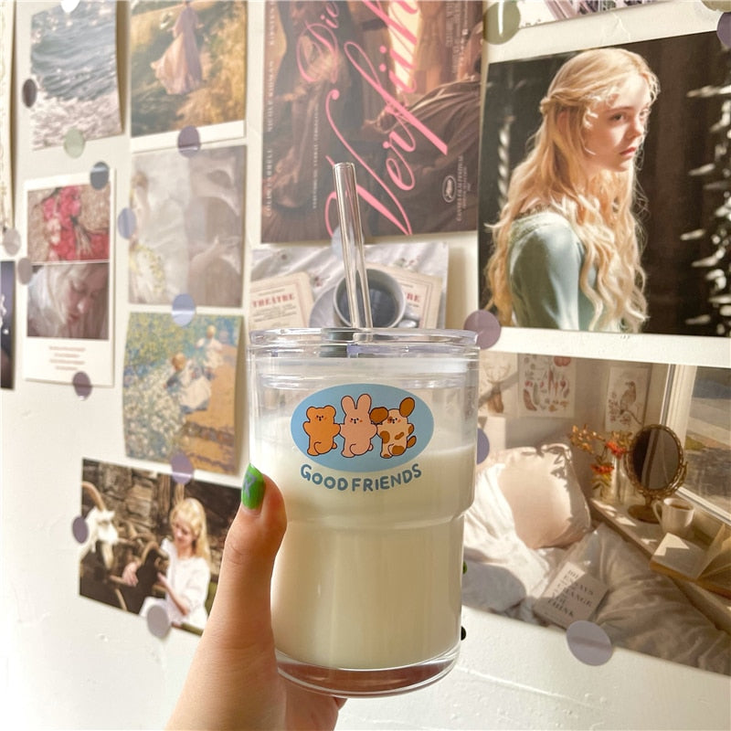 Cute Kawaii Bear Cartoon Water Glass Cup with Straw & Lid