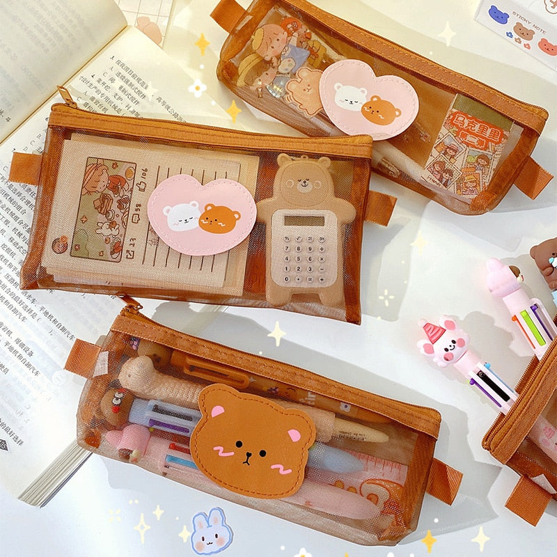 Cute Kawaii Teddy Bear Transparent Mesh Pencil Case