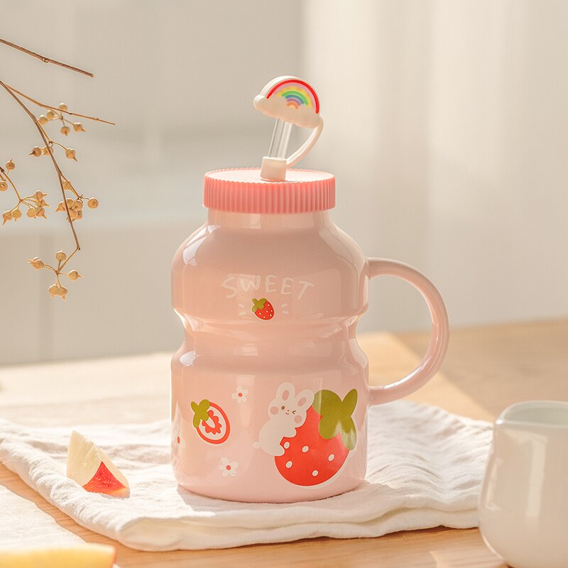 Cute Ceramic Yogurt Drink Mini Fruits Mug Cup with Straw
