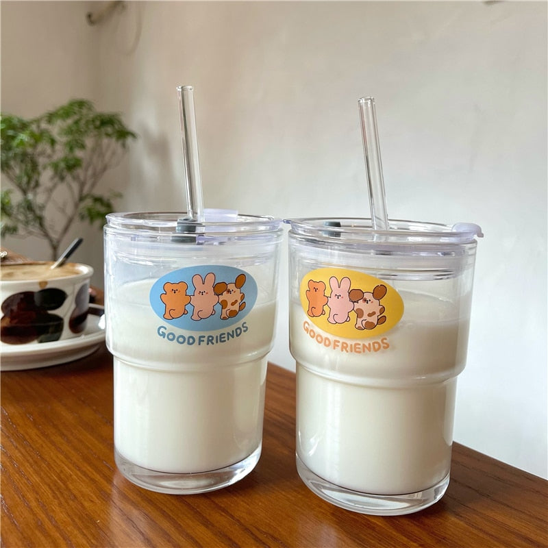 Cute Kawaii Bear Cartoon Water Glass Cup with Straw & Lid
