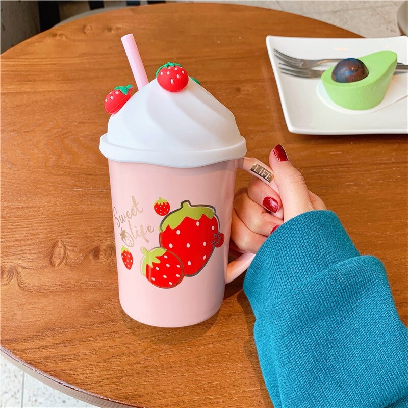 Cute Pink Strawberry Milkshake Ceramic Water Mug with Lid