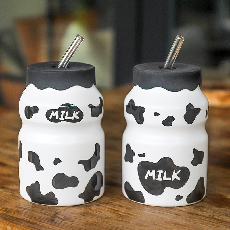 Cute Korean Style Cow Pattern Ceramic Water Bottle with Straw