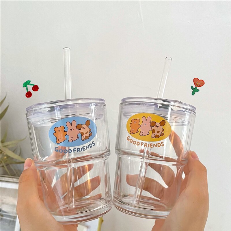 Cute Kawaii Bear Cartoon Water Glass Cup with Straw & Lid