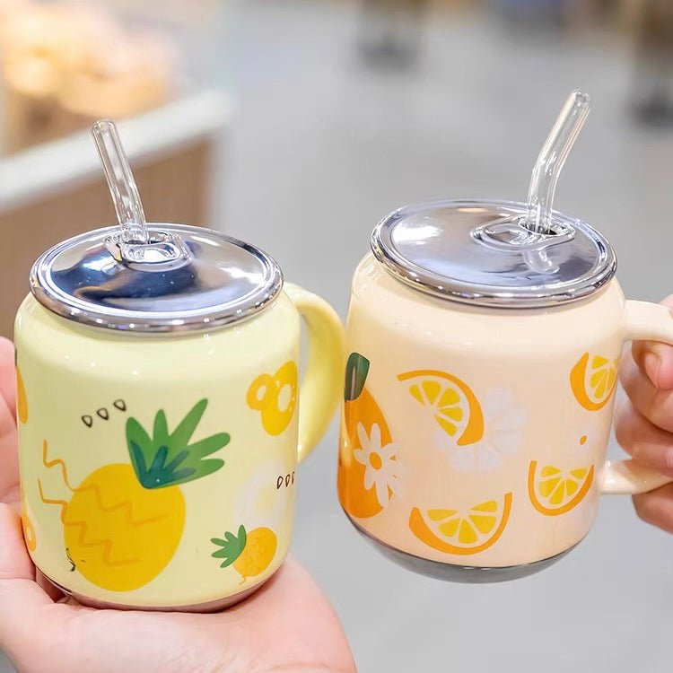 Cute Ceramic Fruity Soft Drink Can Cup Mug with Straw