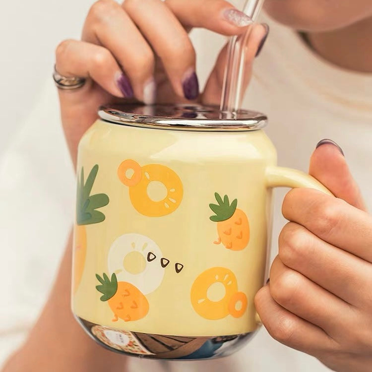 Cute Ceramic Fruity Soft Drink Can Cup Mug with Straw