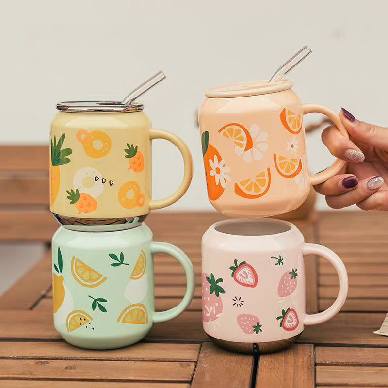 Cute Ceramic Fruity Soft Drink Can Cup Mug with Straw
