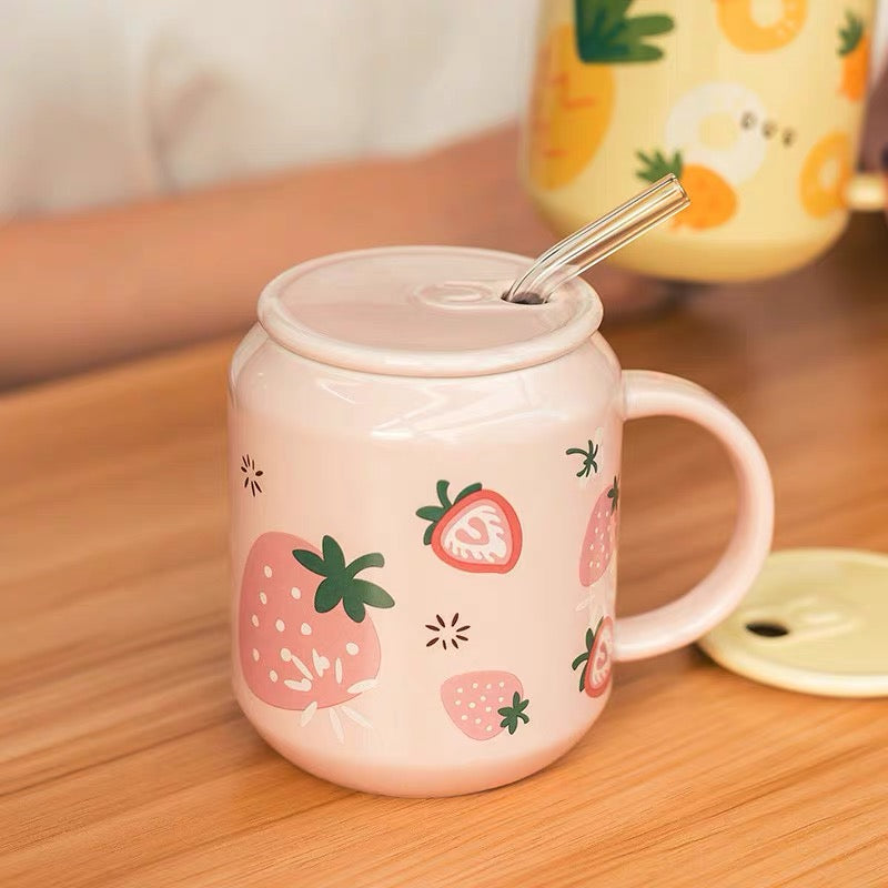 Cute Ceramic Fruity Soft Drink Can Cup Mug with Straw