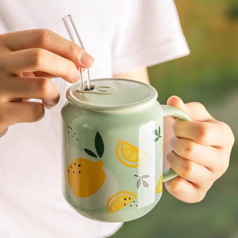 Cute Ceramic Fruity Soft Drink Can Cup Mug with Straw