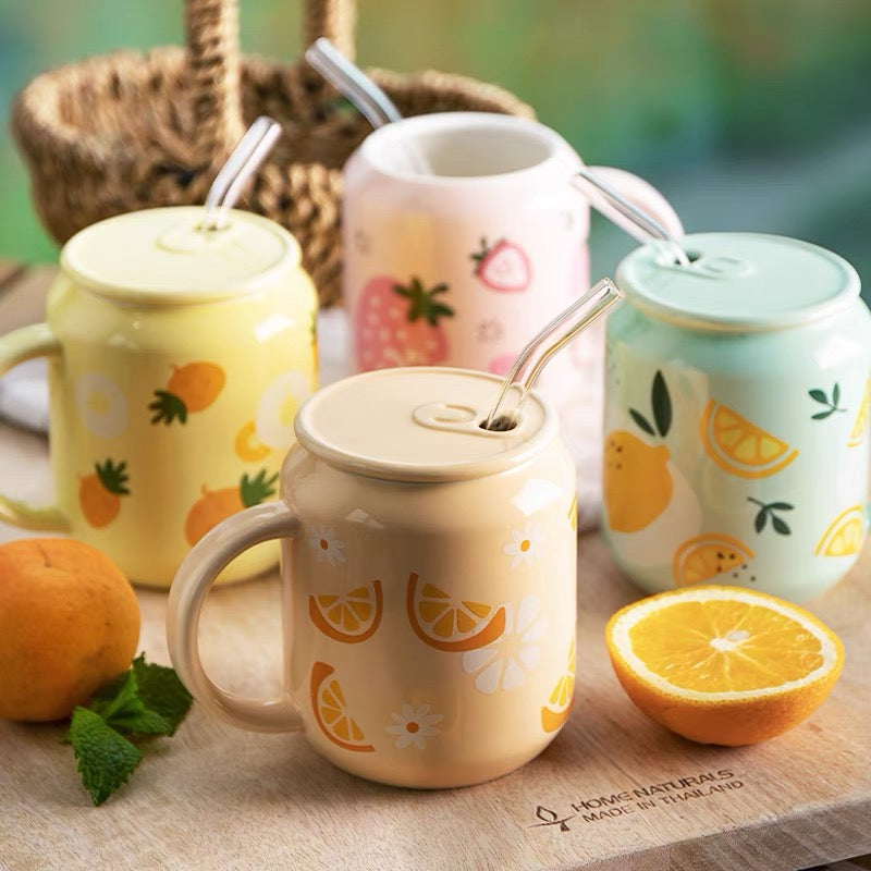Cute Ceramic Fruity Soft Drink Can Cup Mug with Straw