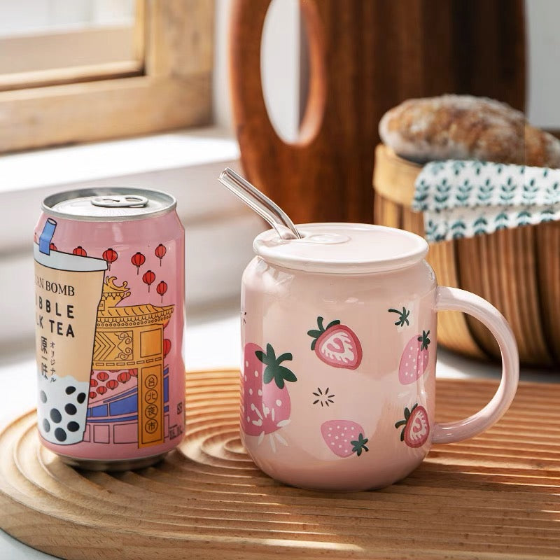 Cute Ceramic Fruity Soft Drink Can Cup Mug with Straw