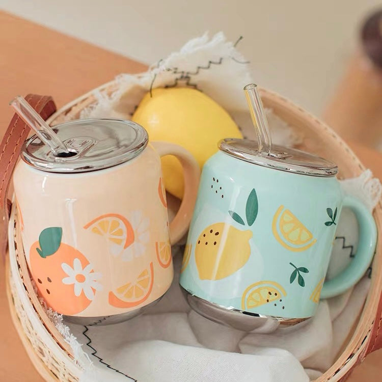 Cute Ceramic Fruity Soft Drink Can Cup Mug with Straw