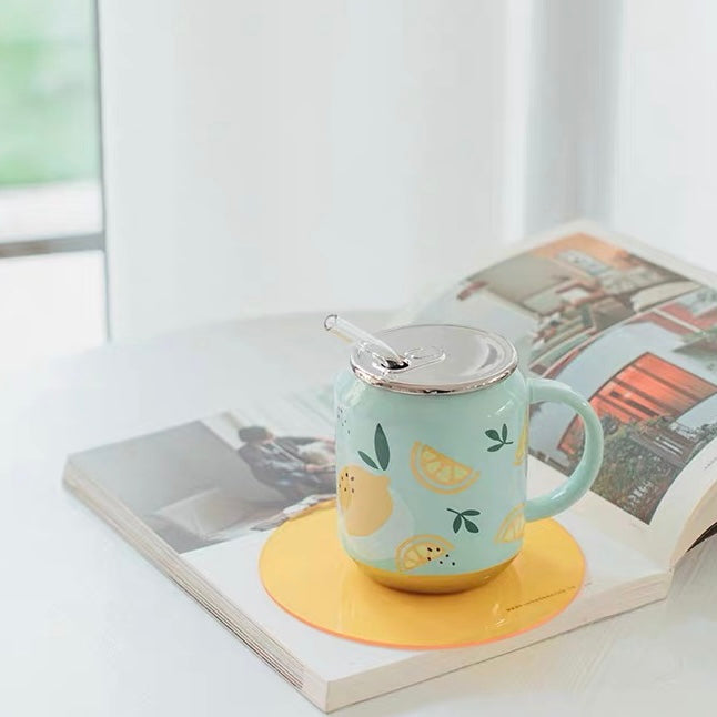 Cute Ceramic Fruity Soft Drink Can Cup Mug with Straw