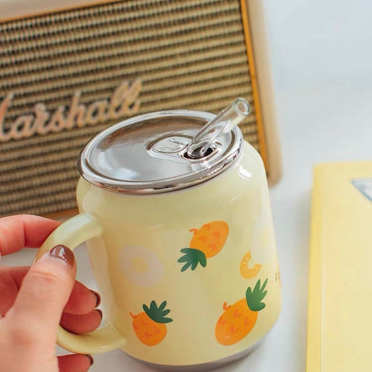 Cute Ceramic Fruity Soft Drink Can Cup Mug with Straw
