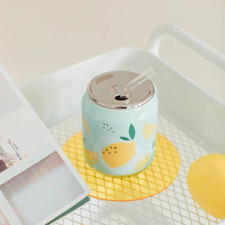 Cute Ceramic Fruity Soft Drink Can Cup Mug with Straw