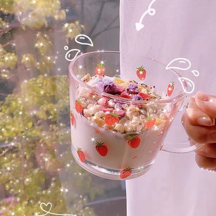 Cute Strawberry and Bunny Transparent Breakfast Cereal Glass Cup