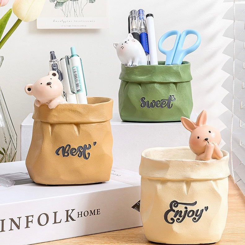 Cute Animals in Paper Bag Desk Decorative Pen Make Up Holder
