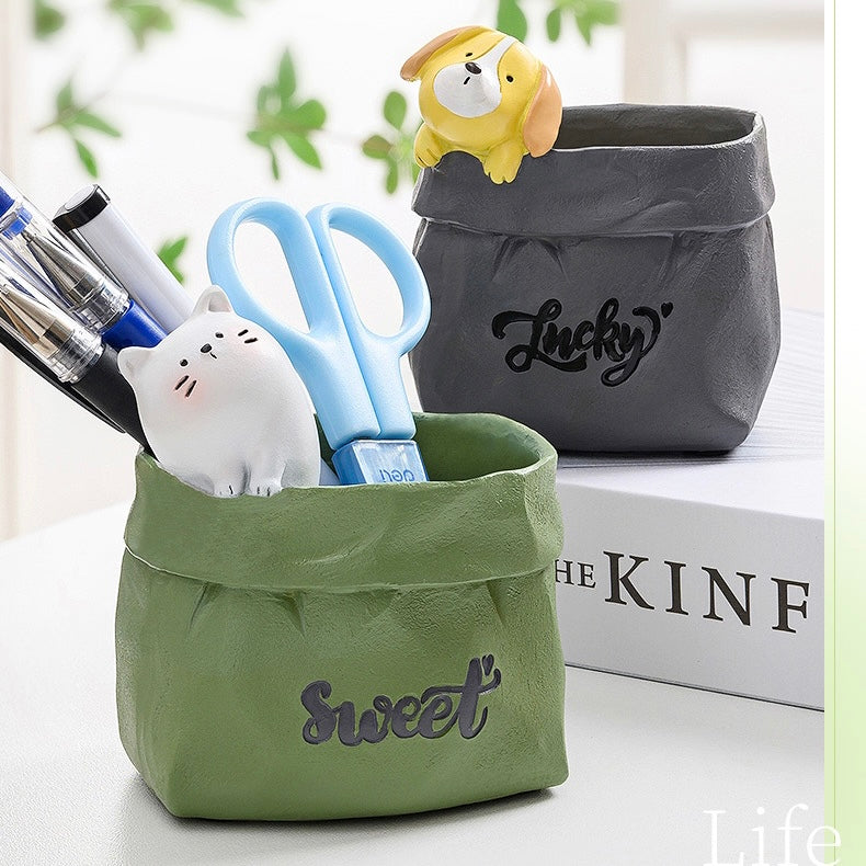 Cute Animals in Paper Bag Desk Decorative Pen Make Up Holder