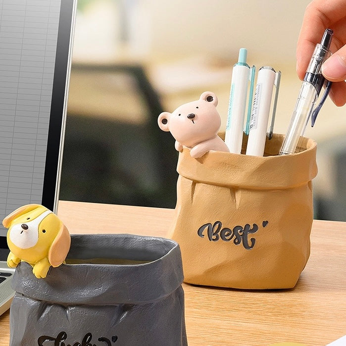Cute Animals in Paper Bag Desk Decorative Pen Make Up Holder