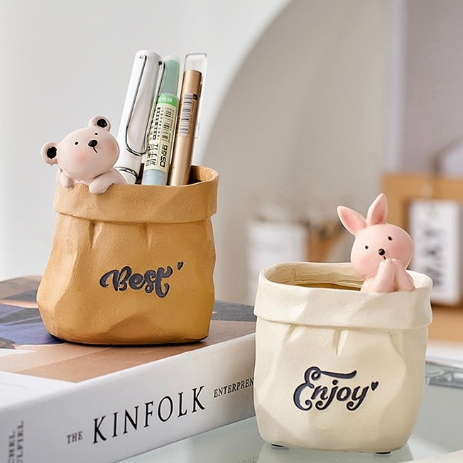 Cute Animals in Paper Bag Desk Decorative Pen Make Up Holder