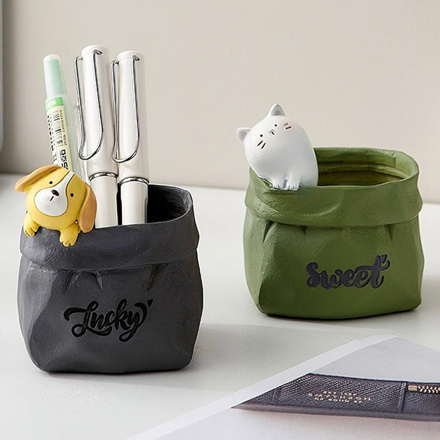 Cute Animals in Paper Bag Desk Decorative Pen Make Up Holder