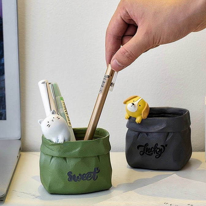 Cute Animals in Paper Bag Desk Decorative Pen Make Up Holder