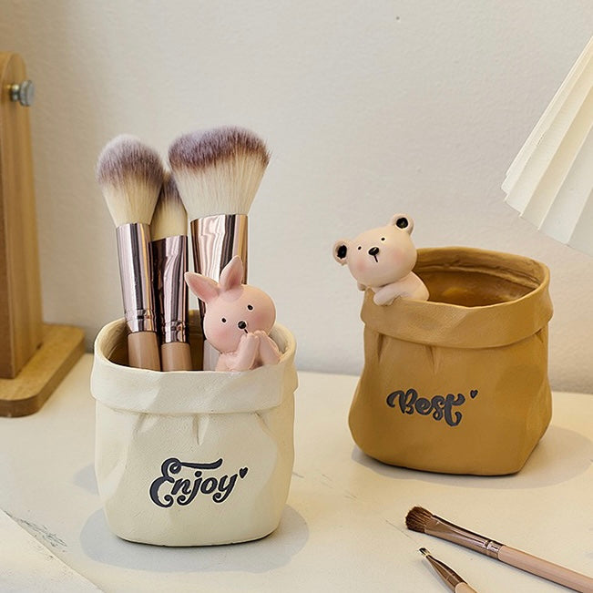 Cute Animals in Paper Bag Desk Decorative Pen Make Up Holder