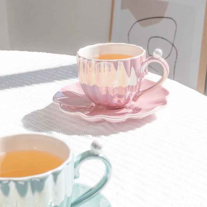 Cute Mermaid Style Pearl Shell Ceramic Tea Cup with Plate