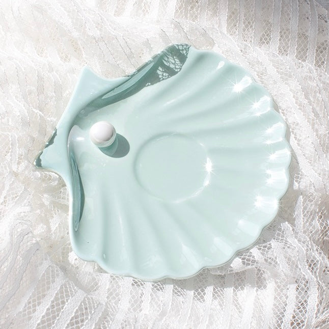 Cute Mermaid Style Pearl Shell Ceramic Tea Cup with Plate