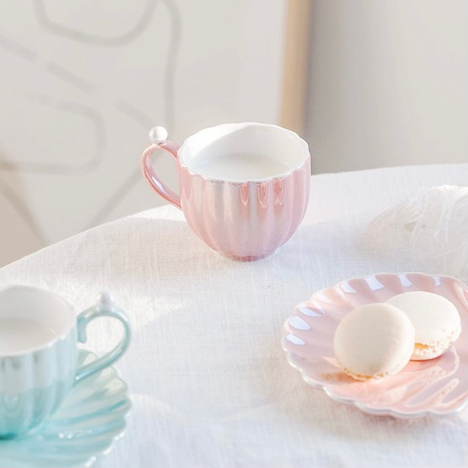 Cute Mermaid Style Pearl Shell Ceramic Tea Cup with Plate