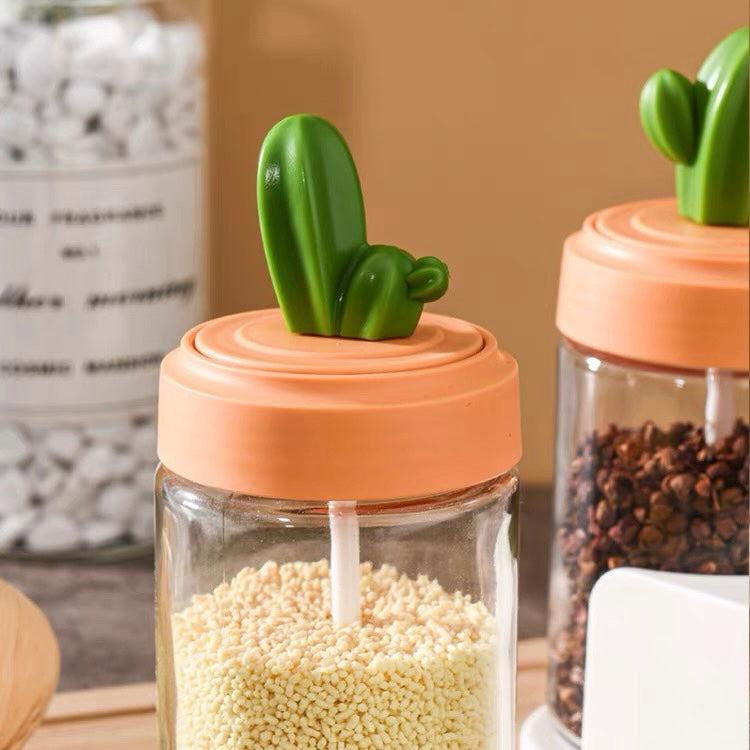 Cute Cactus Kitchen Organiser Condiments Jar with Spoon Set