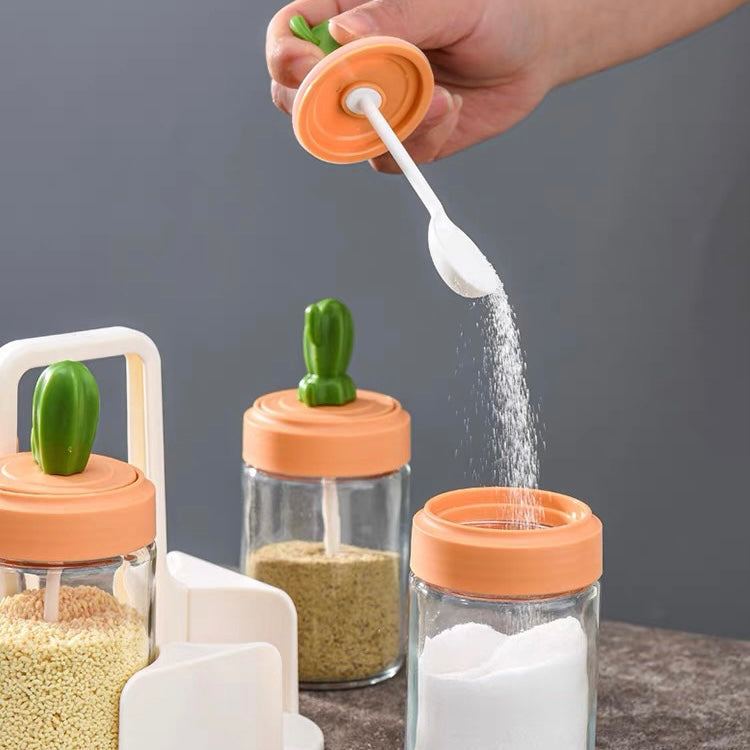 Cute Cactus Kitchen Organiser Condiments Jar with Spoon Set
