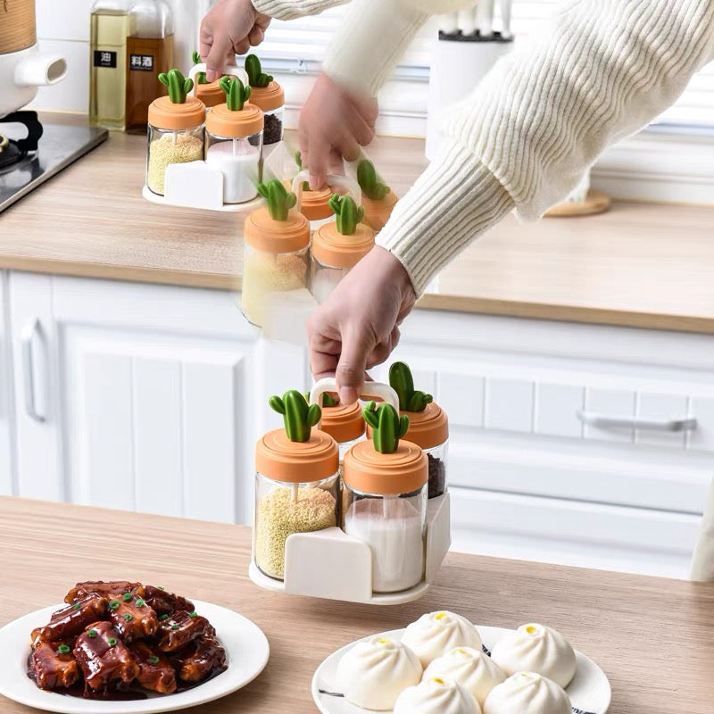 Cute Cactus Kitchen Organiser Condiments Jar with Spoon Set