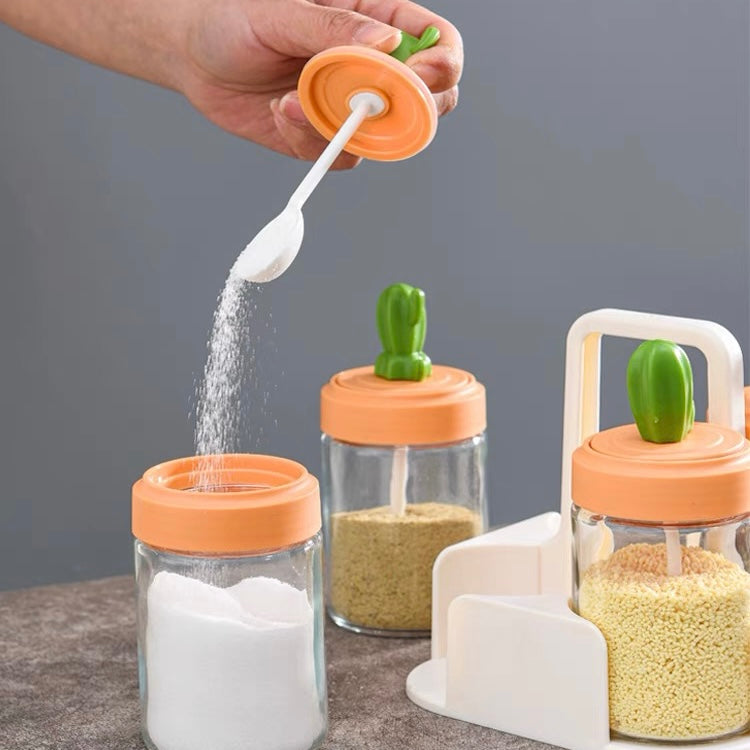 Cute Cactus Kitchen Organiser Condiments Jar with Spoon Set