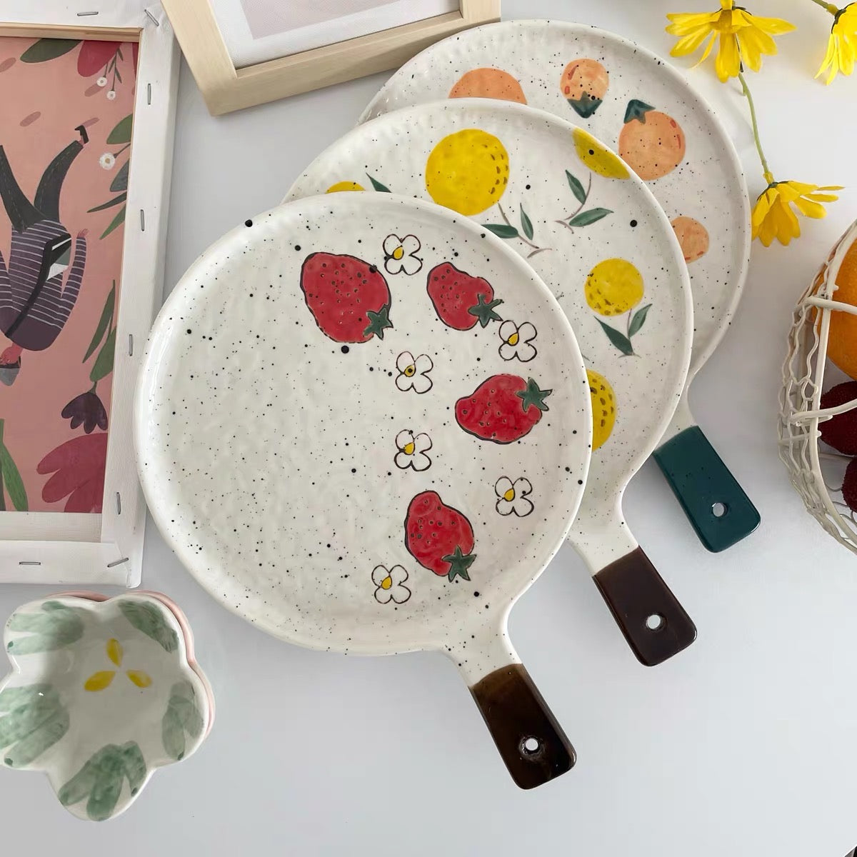 Cute Japanese Style Ceramic Fruity Flat Plate with Handle