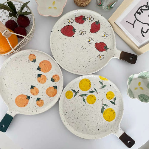 Cute Japanese Style Ceramic Fruity Flat Plate with Handle - Peachymart