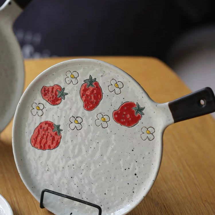 Cute Japanese Style Ceramic Fruity Flat Plate with Handle