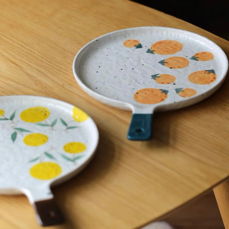 Cute Japanese Style Ceramic Fruity Flat Plate with Handle