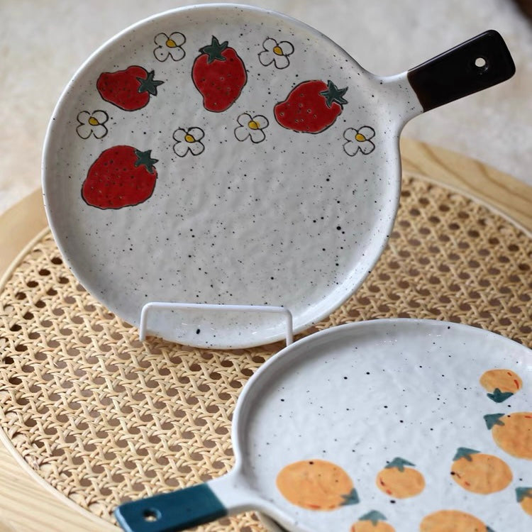 Cute Japanese Style Ceramic Fruity Flat Plate with Handle