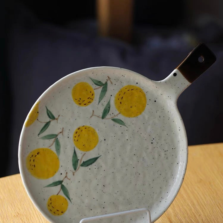 Cute Japanese Style Ceramic Fruity Flat Plate with Handle