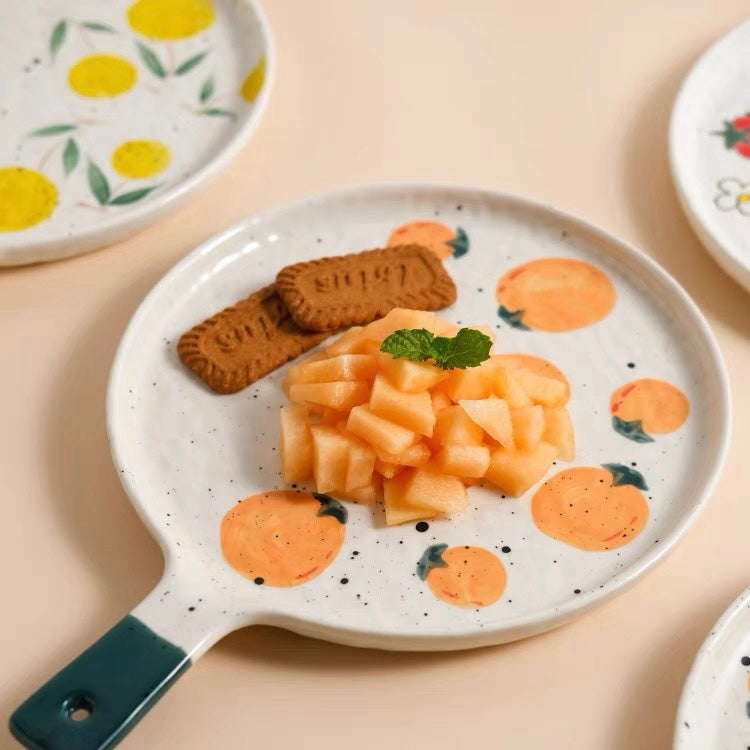 Cute Japanese Style Ceramic Fruity Flat Plate with Handle
