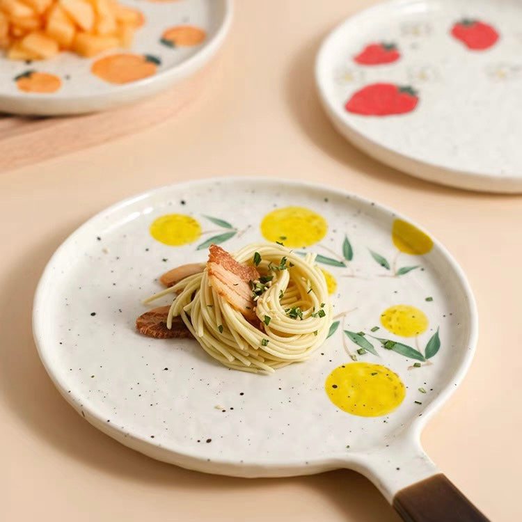 Cute Japanese Style Ceramic Fruity Flat Plate with Handle