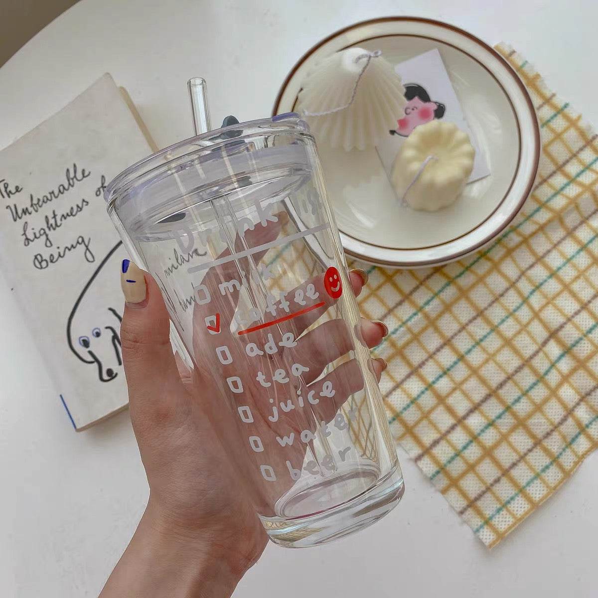 Cute Korean Style Coffee Letters Check List Transparent Glass Cup with Lid