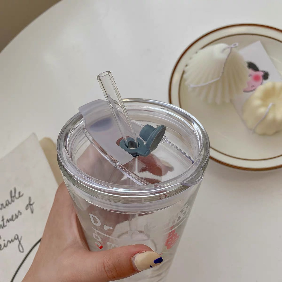 Cute Korean Style Coffee Letters Check List Transparent Glass Cup with Lid