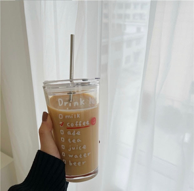 Cute Korean Style Coffee Letters Check List Transparent Glass Cup with Lid