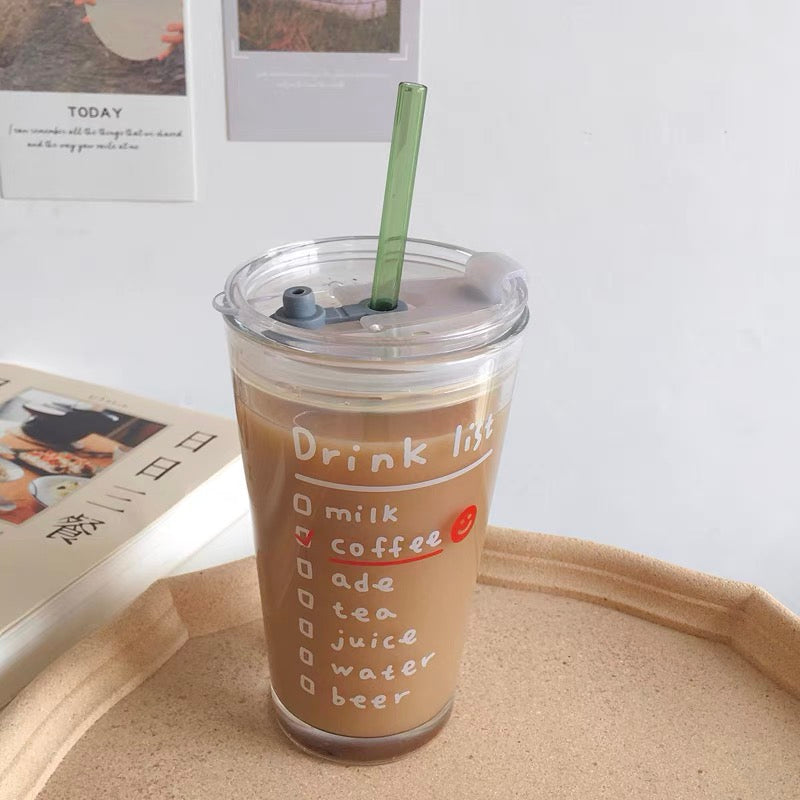 Cute Korean Style Coffee Letters Check List Transparent Glass Cup with Lid