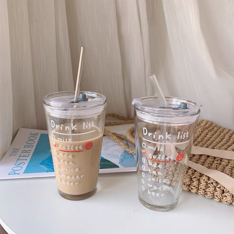 Cute Korean Style Coffee Letters Check List Transparent Glass Cup with Lid