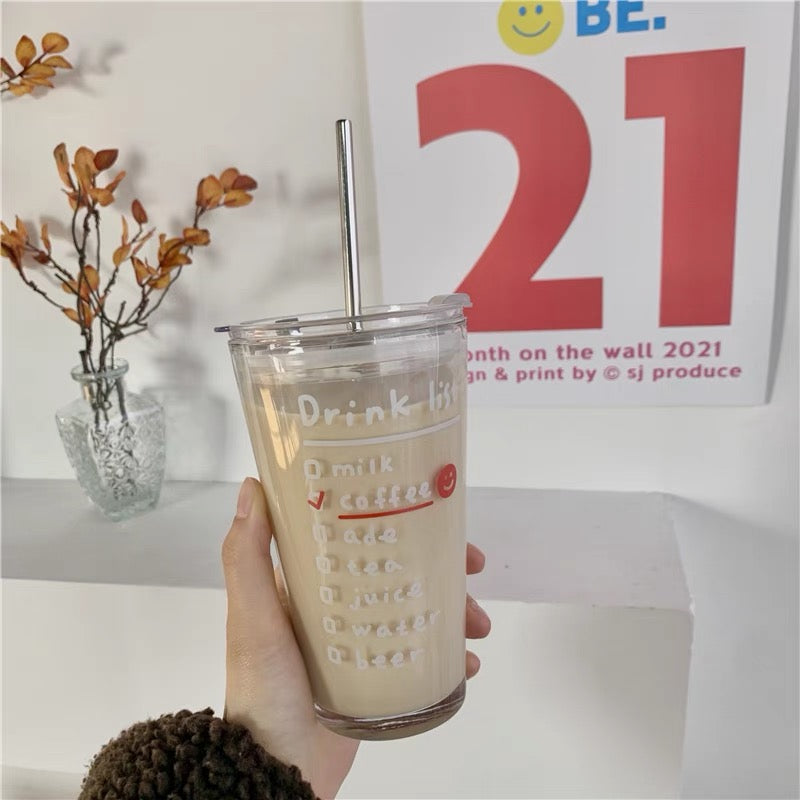 Cute Korean Style Coffee Letters Check List Transparent Glass Cup with Lid