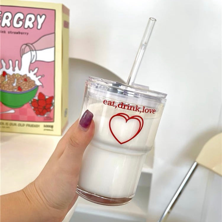 Cute 'Eat, Drink, Love' Printed Korea Style Transparent Coffee Mug with Lid