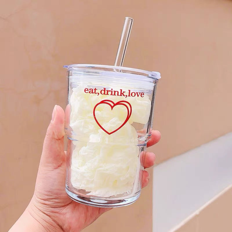 Cute 'Eat, Drink, Love' Printed Korea Style Transparent Coffee Mug with Lid