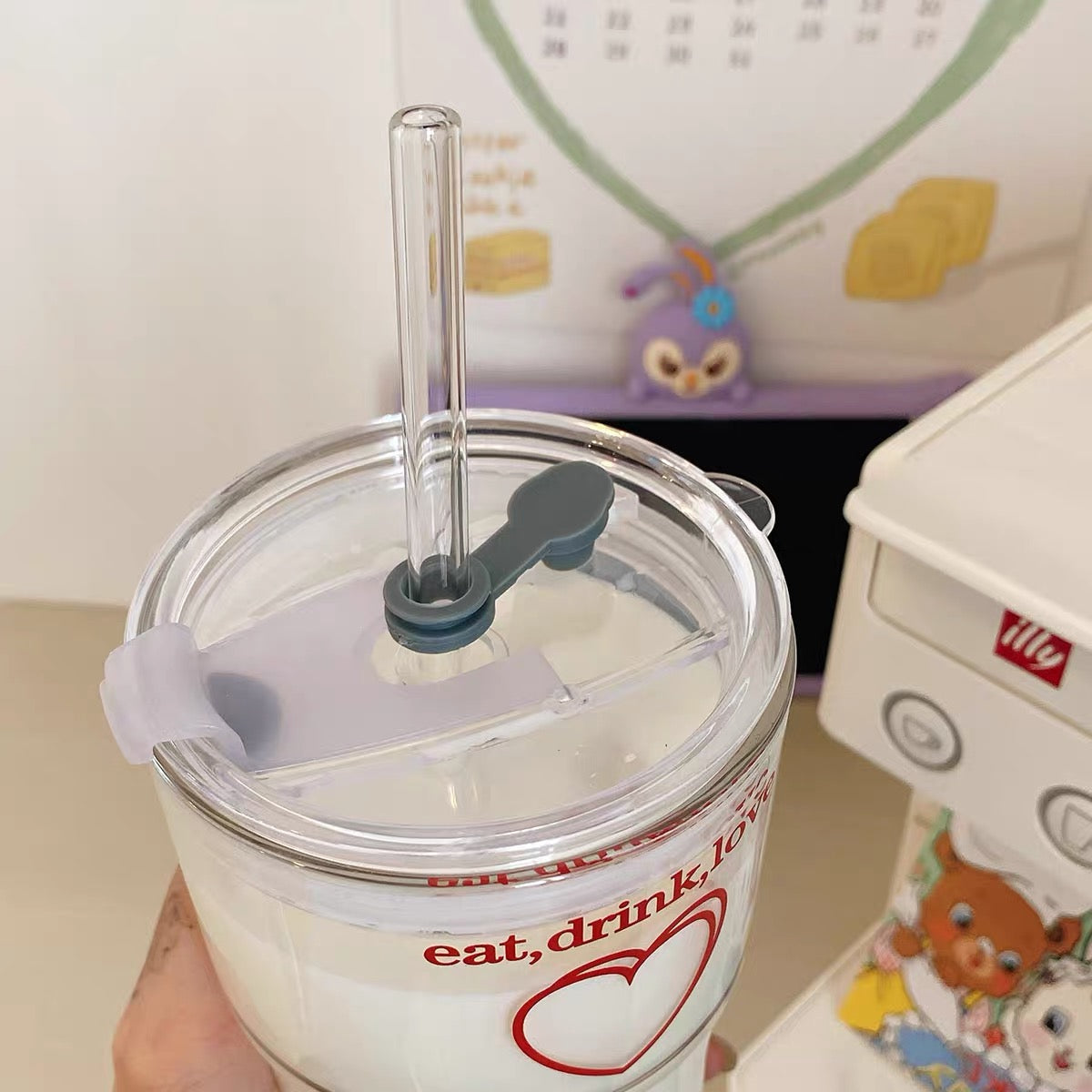 Cute 'Eat, Drink, Love' Printed Korea Style Transparent Coffee Mug with Lid